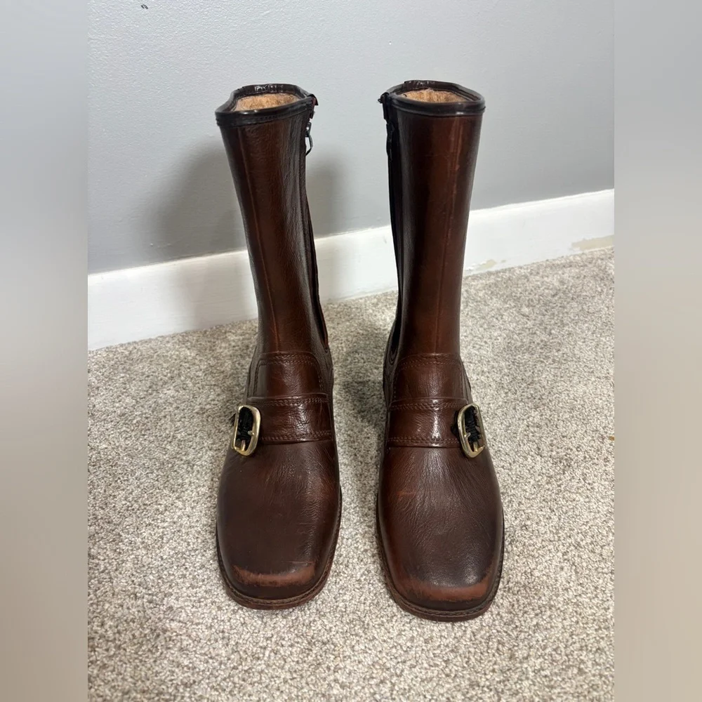 Vintage Men’s Leather Waterproof Size 7 Brown Motorcycle Riding Boots Buckle